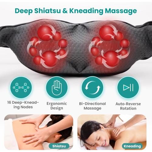 Nekteck Shiatsu Neck Massager with Heat for Pain Relief Deep Tissue, 2026 Upgraded Back Shoulder Kneading Massage Pillow, Body Relaxation Tool Gifts for Him Her (with Storage Bag, NOT Cordless)