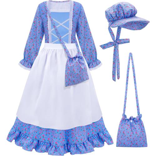 Meland Pioneer Dress for Girls - Colonial Floral Costume with Bonnet, Apron & Purse, Pionner Outfit for Girls 3-10 Years
