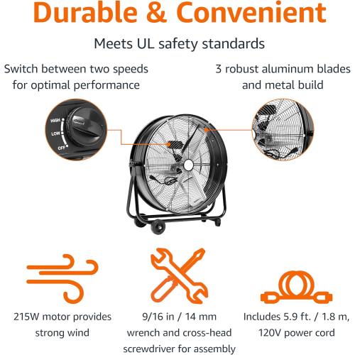BLACK  24 215W High-Velocity, Heavy-Duty Industrial Fan, Drum Fan, with UL-Certified Safety Compliance, 2 Speeds, Up to 8820 CFM, 5.9-ft Power Cord, 2 Wheels, Metal Housing/Blades, Black