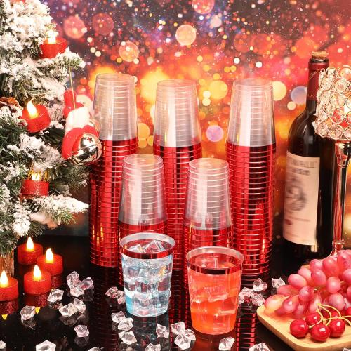 Gerrii 100 Pcs 10oz Plastic Cups Disposable Fancy Rimmed Cups Elegant Clear Drinking Tumblers for Wedding, Birthday, Halloween, Christmas, Graduation Party(Red)