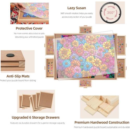 1500 Pieces Rotating Puzzle Board with 6 Drawers, Lazy Susan & Transparent Cover, 34.2x25.2 Portable Wooden Jigsaw Puzzle Board, Great Gift for Puzzle Enthusiasts