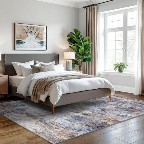 IOHOUZE Abstract Area Rugs 5x7 Ft Washable Rugs for Living Room, Non Slip Dining Room Rug, Printed Faux Wool Rugs for Bedroom, Floor Carpet for Office Nursery Playroom, Orange Grey