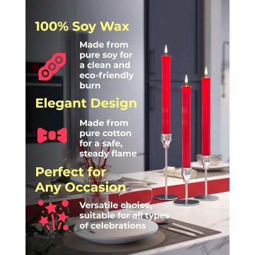 96NORTH 10.6 inch Taper Candles Set of 6, 7/8 inch Base Diameter, Unscented Taper Candles, Up to 18 Hours Burning Time Candlesticks, Dripless Taper Candles, Perfect as Dinner, Household Candles — Red
