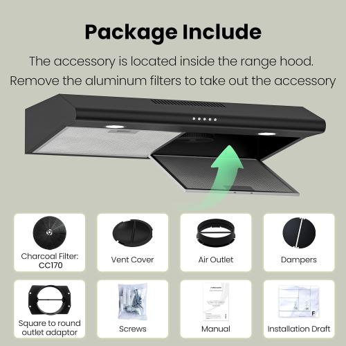 FIREGAS Size  30 Inch Black Under Cabinet Range Hood, Ducted/Ductless Convertible Kitchen Vent Hood with LED Light, 3-Speed Exhaust Fan, Push Button Control, Slim Stove Hood for Modern Kitchen
