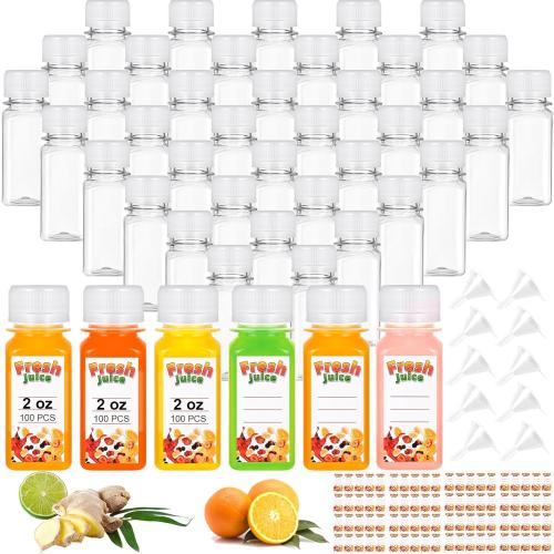 100 Pack 2 oz Small Plastic Shot Bottles with Caps Ginger Shots Bottles for Liquids, Reusable Clear Juice Containers with Scale, Funnels, Stickers for Ginger, Liquids, Beverages