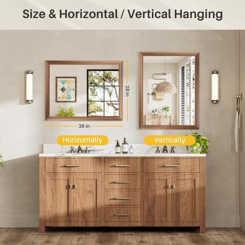 28x36 Inch Bathroom Mirror for Wall, Anti-Rust Walnut Wood Grain Metal Framed Bathroom Mirrors for Over Sink,Rectangler Mirrors for Bathroom Vanity, Farmhouse, Bedroom, Living Room, Entryway Decor