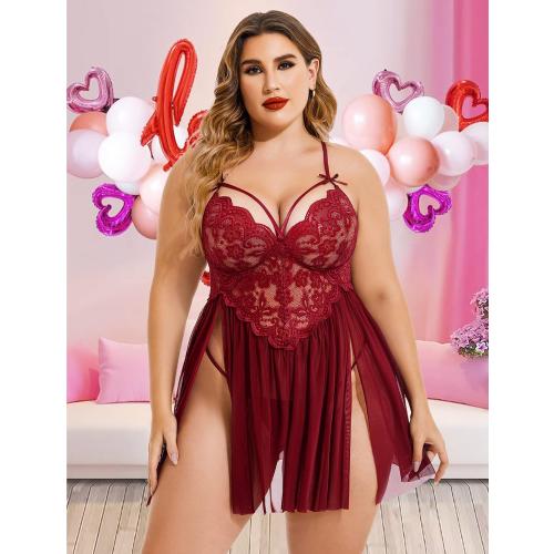 Avidlove Plus Size Lingerie Lace Babydoll Womens Strap Chemise Nightgown V Neck Nighty Mesh Sleepwear Side Slit Nightdress