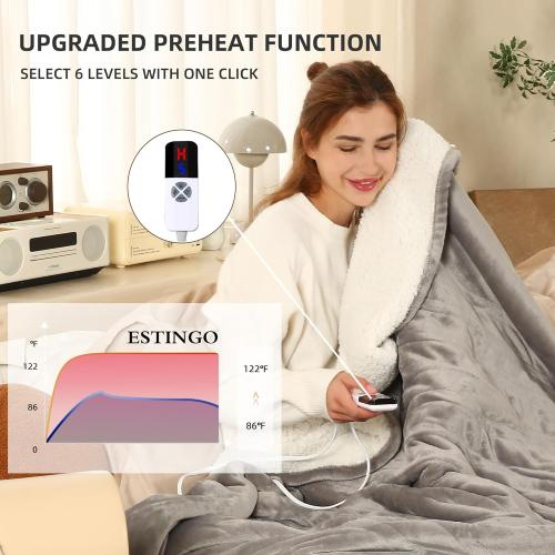 ESTINGO Heated Blanket Full Size, 72x84 Electric Blanket with 6 Heating Levels & 1-10 Hours Adjustable Timer, Fast Heating Blanket with ETL & FCC Certification, for Full Body, Light Gray