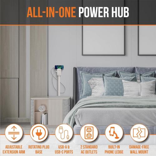 EZ Outlet Electrical Outlet Extender. Access Hard-to-Reach Outlets! Features USB-A, USB-C, and 2 AC Outlets, Extends 22-34, Rotates 180°. Use Behind Couches, Nightstands, Desks, and More.