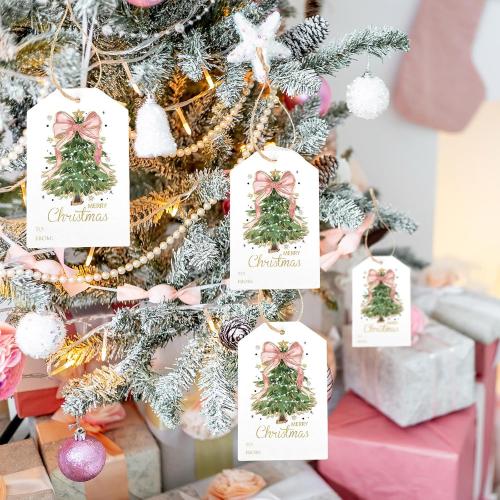 Teling 50 Pcs Christmas Gift Tags with String Pink Bow Merry Christmas Paper Gift Tags Xmas Hanging Label for Happy Holiday for Presents, Modern Paper Xmas Label(Pink Bow)