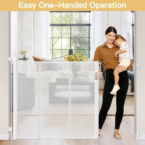 Reinforced 42 Extra Tall Retractable Baby Gates Tall Dog Gate with Support Rods, 55 Wide Mesh Gate Retractable Pet Gate Indoor/Outdoor Baby Gates for Dogs - Bottom Anti-Escape, White