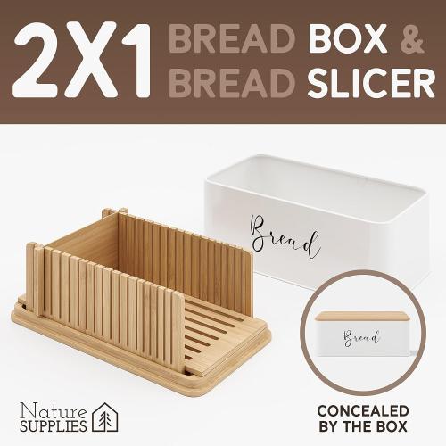 Size  16.5 x 8.5 x 6 inches NATURE SUPPLIES | White Bread Box For Kitchen Countertop With Professional Cutter Guide | Farmhouse Bread Bin & Bamboo Bread Slicer Set | Metal Bread Box With Cutting Board For Bread, Bagel, Loaf