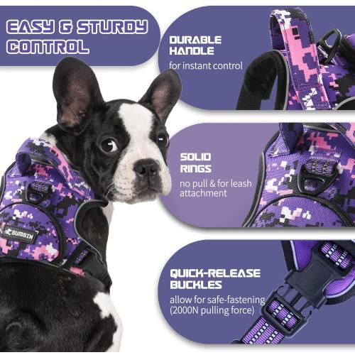 Size M No Pull Dog Harness for Medium Dogs, Adjustable No Choke Pet Vest with Dog Leash Fit Smart Reflective Pet Walking Harness for Training Easy Control Soft Handle Purple Camo