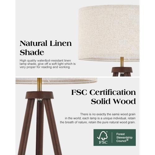 ELYONA Wood Tripod Floor Lamp Brushed Brass Metal & 3 Color Temperatures LED Bulb Vintage Wooded Standing Lamp Industrial Tall Light for Living Room Bedroom Office Beige Linen Shade Dark Brown & Gold