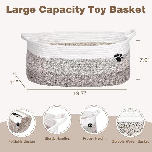 White and Brown Dog Toy Basket, Toy Box and Bin for Dog Cat Storage, 19.7 X 11 X 7.9 (30L) Large Woven Rope Basket for Blanket Storage, Living Room, Bedroom