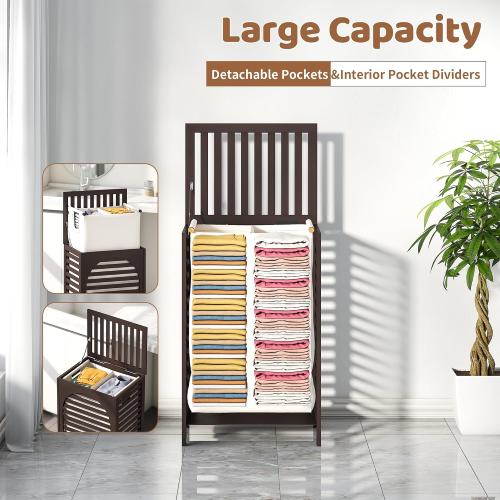 Laundry Hamper with Lid (16.9 * 13 * 26.5inches) Large Bamboo Laundry Bin Basket 85L Clothes Hamper with 1 Removable Bag Storage baskets for Bathroom(Brown)