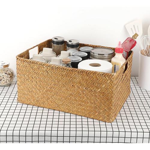Hipiwe Seagrass Storage Baskets Bin for Shelf,  Handwoven Wicker Baskets Built-in Handles Rectangular Closet Bedroom Organizer Box Multipurpose Pantry Basket,Caramel Color