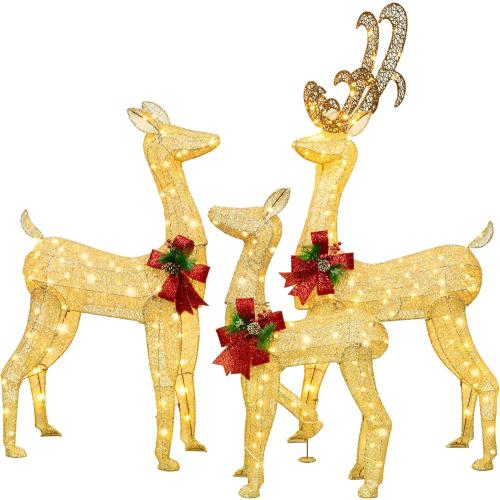 3-Piece LED Lighted Christmas Deer Outdoor Yard Decorations, 3D Super Large Christmas Reindeer Decor, Outdoor Lighted Holiday Deer with 360 LED Displays for Front Yards Garden Lawn Patio