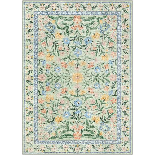 Wonnitar 10x14 Machine Washable Area Rugs, Green Floral Large Rugs for Living Room, Ultra-Thin Foldable Boho Flower Print Bedroom Carpet for Dorm Apartment Office