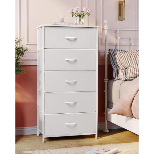 Crestlive Products Tall Dresser for Bedroom Vertical Storage Tower - Wide Fabric Dresser & Chests of Drawers for Closet, Hallway, Entryway w/Wood Top, Easy Pull Fabric Bins - 5 Drawers(White)‼️2 drawers are out of packaging light dirt all hardware may not be included‼️