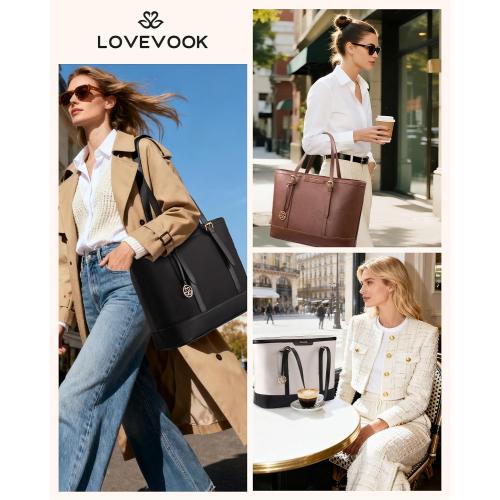 LOVEVOOK Work Tote Bag for Women 15.6 Inch Laptop Computer Bags with Cup Holder, Large Teacher Bag Briefcase for Business Office Travel Nude, Nylon&PU
