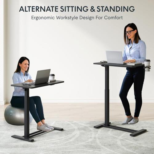 FLEXISPOT H7 Adjustable Overbed Bedside Table with Wheels Pneumatic Mobile Standing Desk Laptop Desk Rolling Computer Cart Movable Overbed Tables Hospital Home Use(27.6 W x 15.7 D, Black Table)