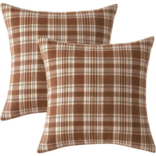 MIULEE Fall Set of 2 Scottish Tartan Plaid Throw Pillow Covers Farmhouse Classic Decorative Outdoor Square Cushion Cases for Halloween Thanksgiving Decor Sofa Couch 18x18 Inch, Brown and White