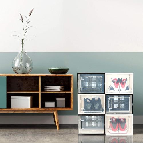 BLACK LARGE 6 pack - 14.6 Inches Long for BIG Shoes & Sneakers, Shoe Storage Organizer, Shoe Storage Boxes, Shoe Box Clear Plastic Stackable, Shoe Containers, Shoe Organizer for Closet