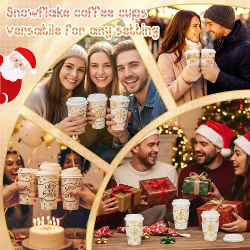 48 Sets 12 oz Christmas Disposable Paper Cups Gold Foil Winter Snowflake Coffee Cups with Lids and Sleeves Bulk for Hot Cold Tea Drinking Winter Birthday Wedding Holiday Party Favors