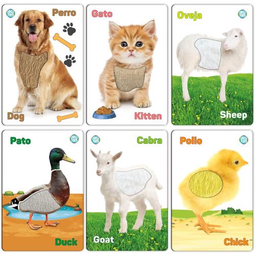 My Touch and Feel English Spanish Bilingual Picture Double Sided Sensory Flash Cards for Infant, Toddlers, Kids, Learn Animals, Fruits, Objects and Vehicles, Fun Learning and Educational Flashcards