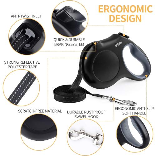 Fida Retractable Dog Leash with Dispenser and Poop Bags, 16 ft Pet Walking Leash for Small Dog or Cat up to 26 lbs, Anti-Slip Soft Handle, Tangle Free, Reflective Nylon Tape (S, Black)