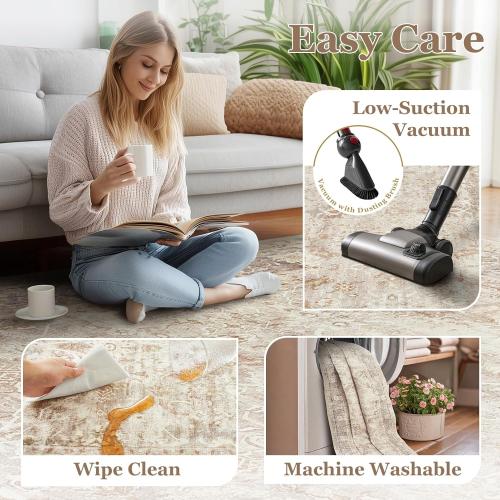 Vintage Beige 8x10 Area Rugs for Living Room, Retro Neutral Earth Tone Carpet Rug for Bedroom Dining Room, Low Pile Thin Washable Non Slip Room Rug for Home Office Playroom Family Room