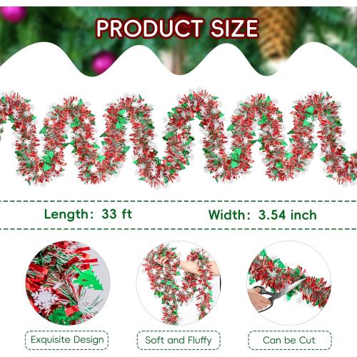 33 FT Christmas Tinsel Garland, Red Green White Metallic Twist Foil Tinsel Garland with Snowflake and Xmas Tree Hanging Decoration for Christmas Tree Wedding Birthday Home Party Decoration