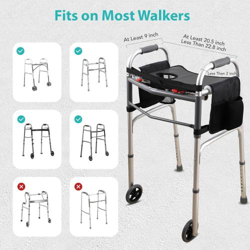 Hook-On Walker Tray, Cup Holder & Tool Free Quick Assembly, Non Slip Mobility Table for Seniors, Multi Functional Removable Tray, Portable Multipurpose Walker Accessories