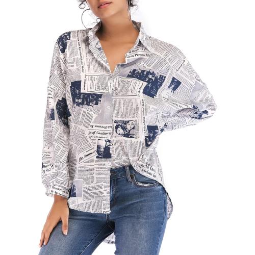 SIZE L- RINTONIX Women Sexy V Neck Letter Print Button Up Shirt 3/4 Sleeve Drape Shoulder Newspaper Work Button Blouse