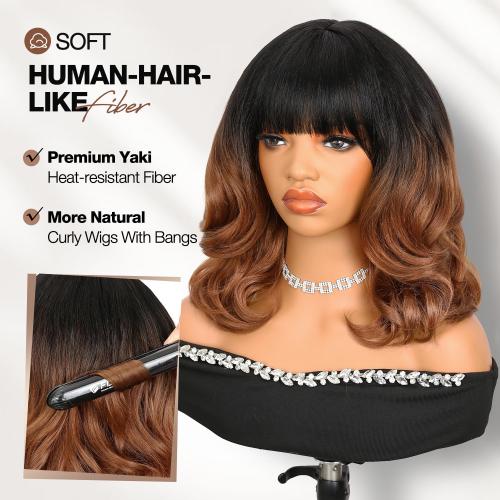 WIGER Short Yaki Wigs with Bangs Ombre Brown Natural Curly Bob Wigs for Women Shoulder Length Wavy Synthetic Wigs Wear And Go Wig Glueless Heat Resistant Hair for Daily or Events