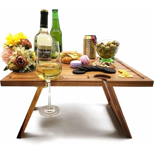 SASIDO Portable Wine Picnic Table, Acacia Wood, Larger Tray Foldable, Charcuterie Board, Wine Gift, Decor for Romantic Camping, Engagement Party, Concerts, Glamping, Winter Adventure ‼️product in its original packaging including box‼️