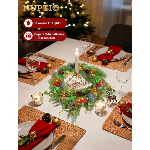 NUPTIO Artificial Christmas Garland with Lights: 2Pcs 6.2Ft Pre-Lit Gold Glitter Garland with Pine Cones Red Berry Eucalyptus - Xmas Decorations for Mantle Fireplace Railing Stairs Table Door