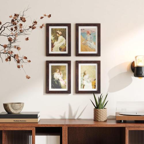 KINLINK 5x7 Picture Frame Brown Set of 4, Wooden Photo Frames Matted 4x6 with Plexiglass for 4x6 with Mat or 5x7 without Mat for Table and Wall Display