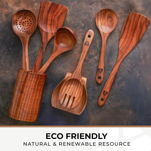 Teak Wooden Utensil Set with Spoon Rest & Hooks - Durable Wooden Spoons for Cooking with Comfort Grip - Effortless Clean, Non-Stick Friendly 8 Pcs