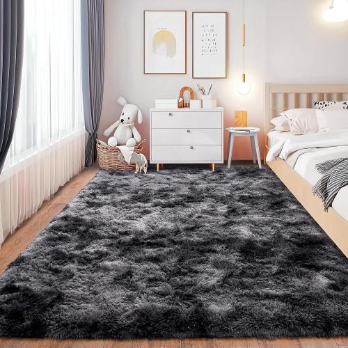 Shaggy Area Rugs, Fuzzy Rugs for Living Room, Soft Nursery Area Rug for Girls, Tie Dye Black Gray Plush Area Rugs Non Slip, Fluffy Rug Carpet