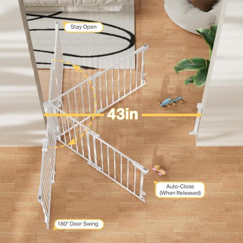 Cumbor 29.2–43 Baby Gate for Stairs, Wall-Mounted (Drill Required), Expandable No Bottom Bar Dog Gate, Auto Close Extra Wide Walk Thru, Pet & Toddler Proof Gate, Top & Bottom of Stairways (White)
