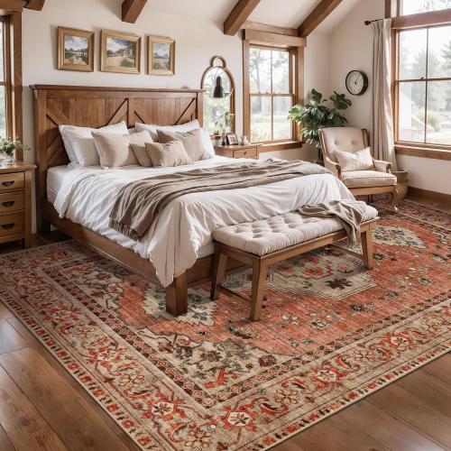 Tangsoo Boho Rug Washable Area Rugs for Living Room, Oriental Vintage Indoor Non Slip Large Area Rug, Print Terracotta Carpet, Soft Low Pile Rug Foldable Floor Rugs for Bedroom Dining Room Dorm