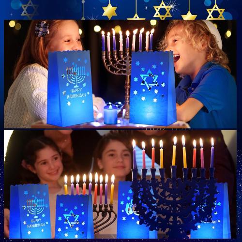 36 Set Hanukkah Decorations Blue Luminary Bags with Flameless Candles Chanukah Luminary Bags with Battery Tea Lights Happy Hanukkah LED Moisture-Proof Lanterns Jewish Holiday Decor Gifts