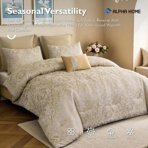ALPHA HOME Queen Size Jacquard Bedding Comforter Set - All Season Luxurious Elegance With Cushion (1 Comforter, 2 Pillow Shams, 2 Euro Shams)