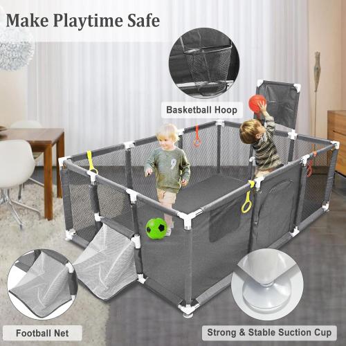 Large Baby Playpen 74''×50'', Play Pen Playards for Babies Toddlers, Ball Pit with Basketball Hoop & Soccer Nets, Kids Activity Fence Play Yard with Anti-Slip Base & Soft Breathable Mesh (Dark Grey)