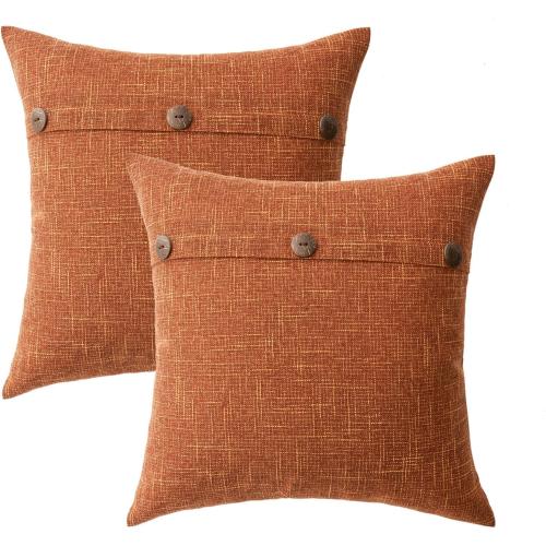 MIULEE Set of 2 Linen Throw Pillow Covers Cushion Case Fall Triple Button Vintage Farmhouse Pillowcase for Couch Sofa Bed Living Room 20 x 20 Inch Rust