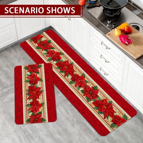 Red Poinsettia Flower Kitchen Rugs and Mats Set of 2, Winter Holiday Xmas Washable Non-Slip Floor Mats for Christmas Kitchen Decor - 17x29 and 17x47 Inch