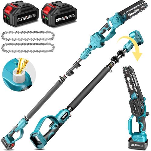 Seesii 2 in 1 Cordless 8 inch Pole Saw & Mini Chainsaw with 2 Battery, Power Electric Polesaw for Tree Trimming, Chain Saw with Extension Pole, Limb Branch Cutter Pruner PS800