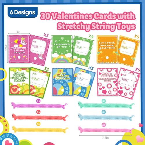 30 Pack Valentine's Day Cards for Kids with Unicorn Stretchy Strings for Classroom Valentine's Gift Exchange For School, Valentine's Party Favor for Kids, Valentine's Prizes, Stress Relief Fidget Toys